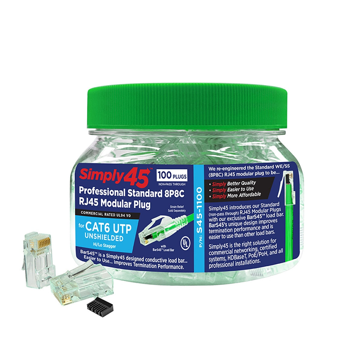 IC Realtime S45-1100 Standard Cat6/6a UTP RJ45 Modular Plugs With Bar45™ Hi/lo Stagger, Green