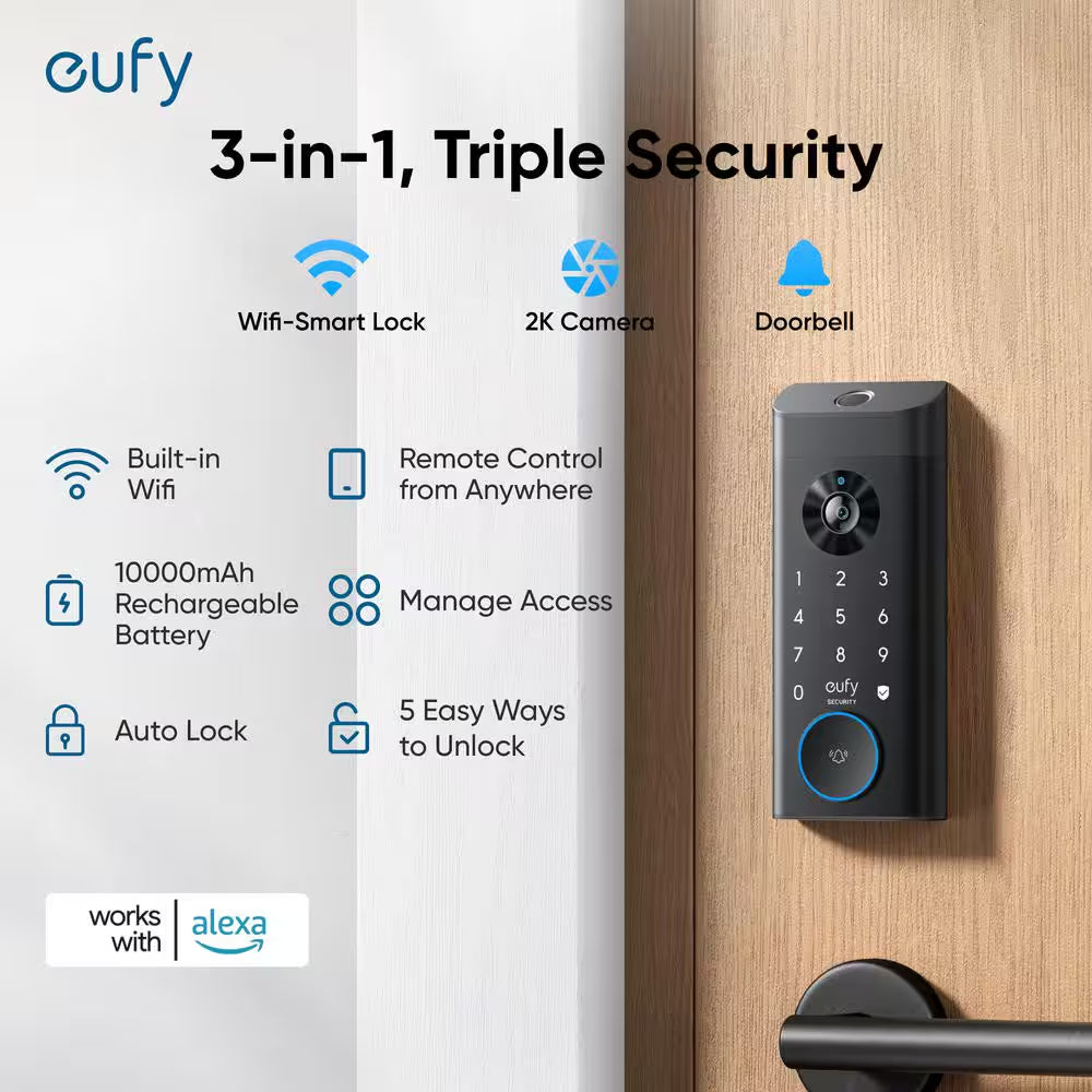 E330 Black Video Smart Lock Wifi 3-In-1 Camera, Doorbell, and Fingerprint Keyless Entry Door Lock with Built-In Chime