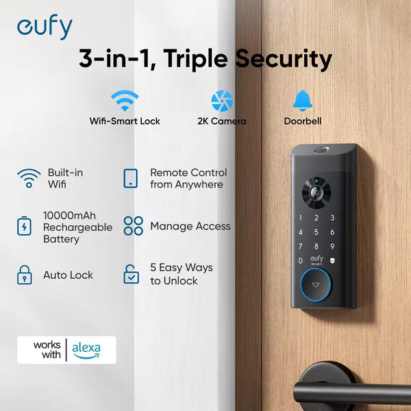 E330 Black Video Smart Lock Wifi 3-In-1 Camera, Doorbell, and Fingerprint Keyless Entry Door Lock with Built-In Chime